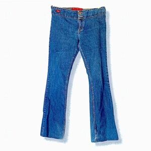Vintage Y2K Dark Blue Denim Flare Leg Jeans Mid Rise Large 32 Bell Bottoms Pants